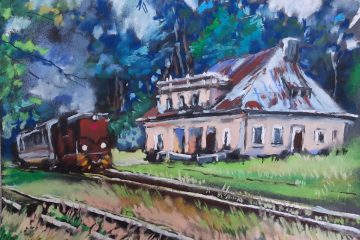 malowany obraz przedstawiający dworzec kolejowy w Poniatowej i kolejkę na torach