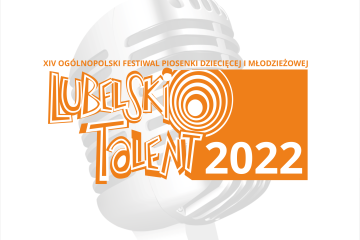 Zajawka Lubelski Talent 2022, pomarańczowy napis w tle szary mikrofon