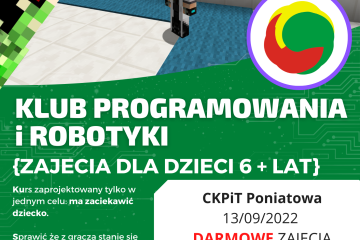 zielony plakat, logo ckpit, informacje o zajęciach z robotyki