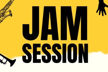 Zajawka - grafika z napisem Jam Session, żółte tło