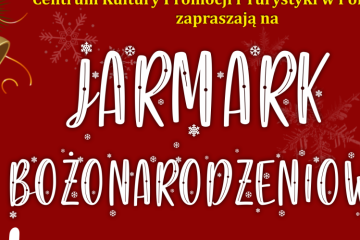 bordowa grafika, białe śnieżynki, biały napis Jarmark Bożonarodzeniowy, w rogu grafiki złoty dzwonek