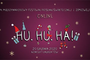 plakat festiwalu piosenki świątecznej i zimowej online hu hu ha! w tle śnieżynki i prezenty