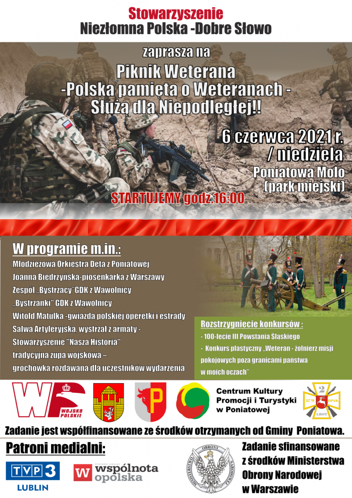 plakat zaproszenie na dzień weterana w tle żołnierz, program imprezy i logotypy