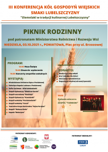 plakat III konferencja kół gospodyń wiejskich smaki lubelszczyzny piknik rodzinny w tle kłody zbóż