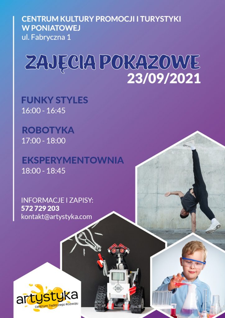 plakat zajęcia pokazowe 23/09/2021 zdjęcia robot, tańczący chłopiec, chłopiec w okularach