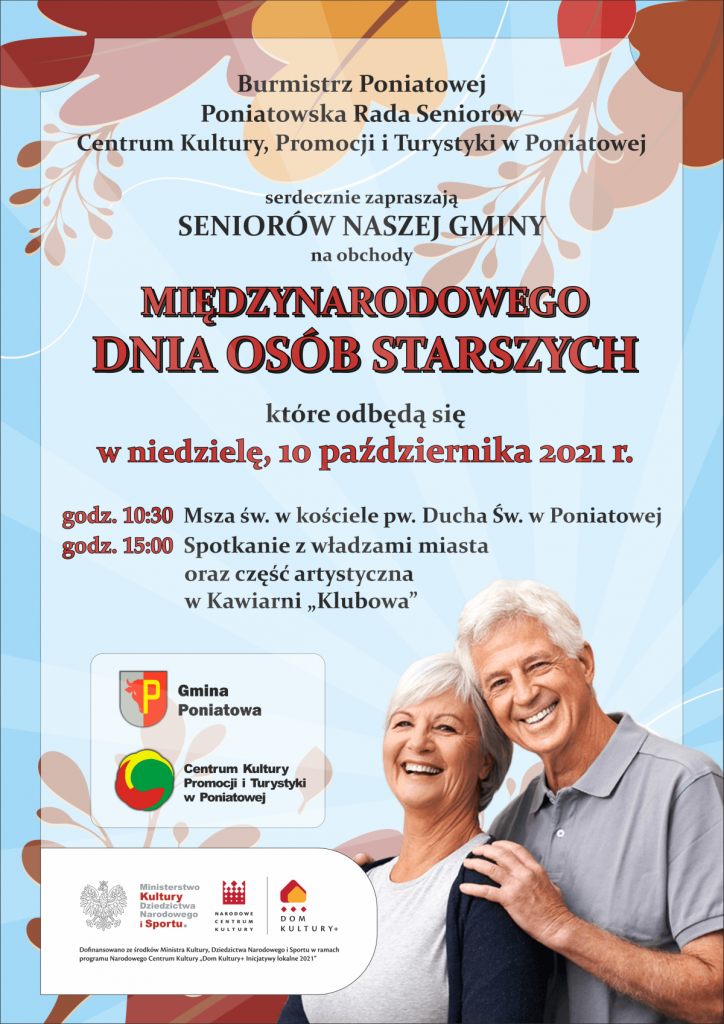 plakat zaproszenie międzynarodowy dzien osób starszych w tle liście starszy pan i pani uśmiechają się