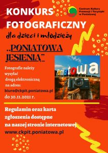 plakat tekst konkurs fotograficzny dla dzieci i młodzieży poniatowa jesienią czerwone tło z prawej zdęcie napisu kolorowego poniatowa