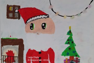 Praca laureatki 3 miejsca konkursu "Mój święty Mikołaj". Narysowany obrazek przedstawia Świętego Mikołaja stojącego przy kominku