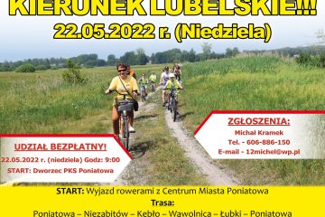 plakat z informacją o rajdzie rowerowym pt. Kierunek Lubelskie, w tle ludzie jadący na rowerach