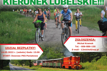 Plakat z zielonym napisem RAJD ROWEROWY KIERUNEK LUBELSKIE, w tle jadący polną drogą rowerzyści w kaskach, informacje o dniu i godzienie wyjazdu