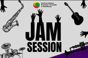 Szara grafika z czarnym napisem Jam Session, czarne obrazki instrumentów muzycznych w tle, logo CKPiT