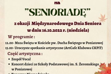 plakat w tle jesienne liście, logo ckpit, plakat zaprasza na Senioriadę 16.10.2022 r. o godzinie 15:00 w Art Cafe Klubowa