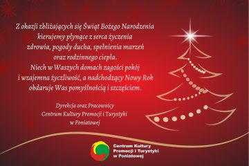 Grafika z czerwonym tłem, rysunek choinki w złotym kolorze, logo CKPiT, na grafice widnieją życzenia z okazji Świąt Bożego Narodzenia