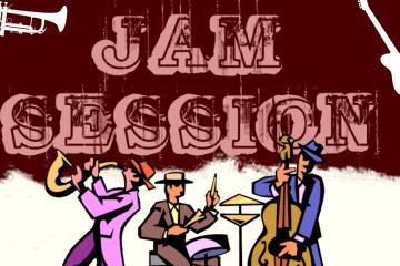Grafika z różowym napisem Jam Session, obrazek trzech mężczyzn grających na instrumentach