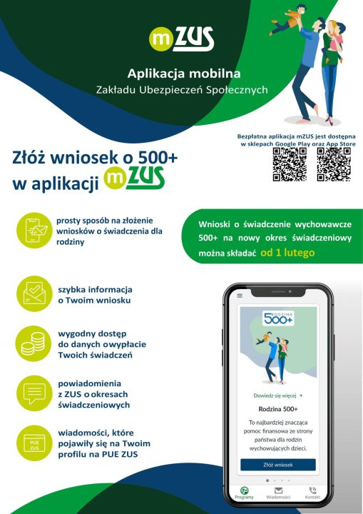 plakat dotyczący składania wniosków 500+ w aplikacji mobilnej, plakat zawiera grafikę telefonu komórkowego, kody QR