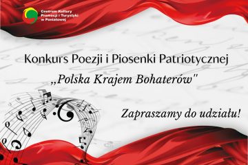 grafika - szare tło, ciemnoczerwone fale, nuty, napis konkurs poezji i piosenki patriotycznej polska krajem bohaterów, logo ckpit