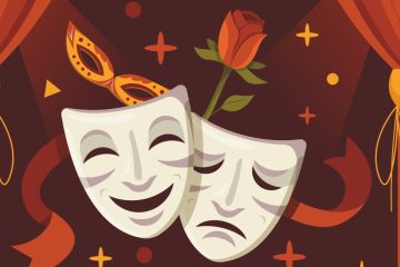 kurtyny teatralne, białe maski, róża