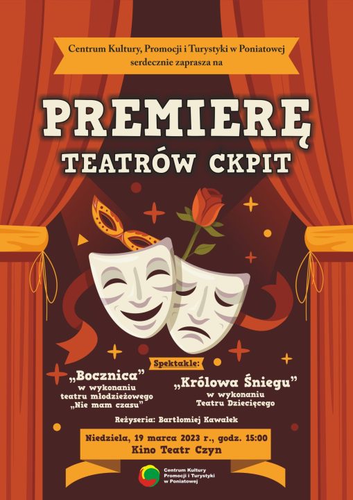 plakat zapraszający na premierę teatrów ckpit, czerwona kurtyna, dwie maski, róża, gwiazdki