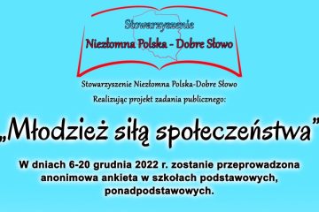 niebieska grafika, logo stwoarzyszenia niezłomna polska dobre słowo, napis młodzież siłą społeczeństwa, informacja o debacie