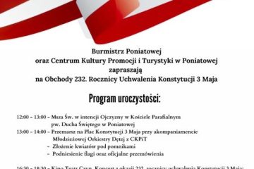 plakat w białoczerwonych barwach zaprasza na obchody święta konstytucji 3 maja w Poniatowej, program uroczystości, logo ckpit, logo gminy poniatowa