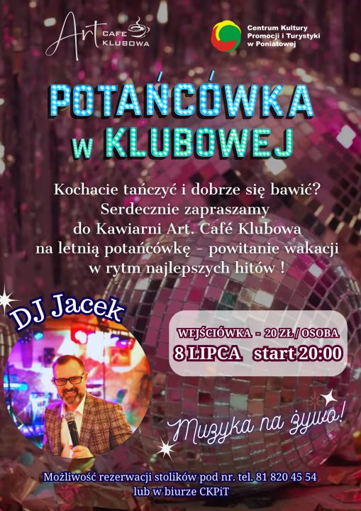plakat zapraszjący na potańcówkę w klubowe, w tle grafika kuli disco