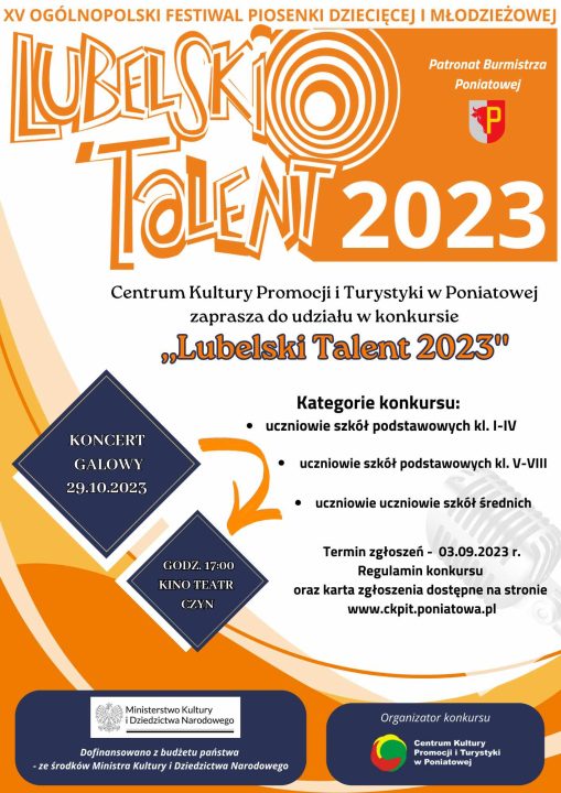 biało pomarańczowy plakat, napis lubelski talent 2023, plakat zaprasza do udziału w festiwalu konkursie piosenki dziecięcej i młodzieżowej, którego organizatorem jest ckpit
