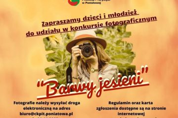 grafika w pomarańczowych odcieniach, logo ckpit, napis barwy jesieni, zdjęcie kobiety z aparatem, ckpit zaprasza do udziału w konkursie fotograficznym