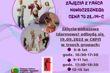 plakat z różowym tłem, zapraszjący dzieci i młodzież do udziału w zajęciach tanecznych w ckpit, zdjęcia tancerzy
