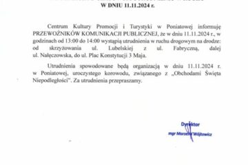 Grafika przedstawiająca pismo dotyczące utrudnień w ruchu w dniu 11 Listopada.