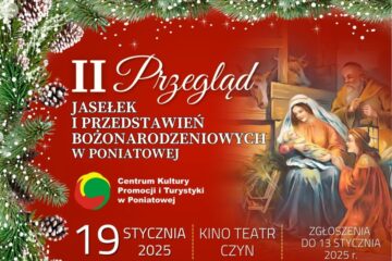 Grafika ma bordowe tło, przedstawia rysunek świętej rodziny w stajence. 19 stycznia Kino Teatr Czyn.